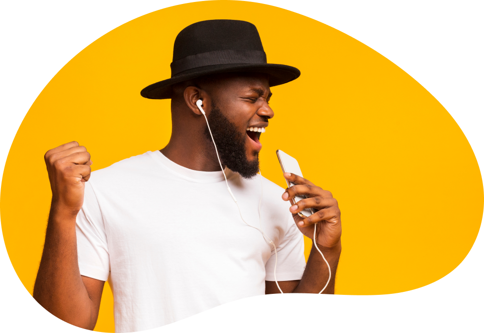 black man singing karaoke with an orange background